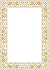 Vector golden square belarusian national ornament frame. Ethnic pattern rectangle of Slavic peoples, Russian, Ukrainian, Serb, Pole, Bulgarian. Cross stitch templat