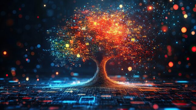 An abstract data tree with colorful leaves representing different types of data and information, showcasing the diversity and complexity of the digital world.