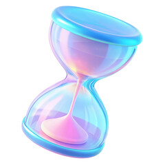Stunning holographic 3D hourglass icon features a captivating iridescent finish, symbolizing the passage of time with modern elegance. Isolated on transparent background, png.