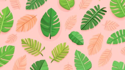 A pattern of green leaves is spread across a pink background. The leaves are all different sizes and shapes, creating a sense of movement and depth. Scene is one of natural beauty and tranquility