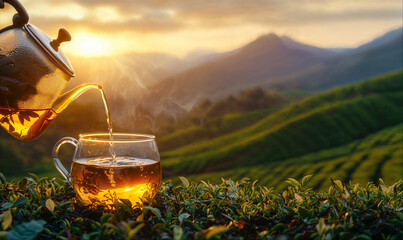 Tea pouring from teapot into glass cup, tea plantation background, copy space