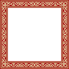 Vector square gold with red ancient Russian ornament. Slavic rectangle, border, frame. Painting of the royal chambers