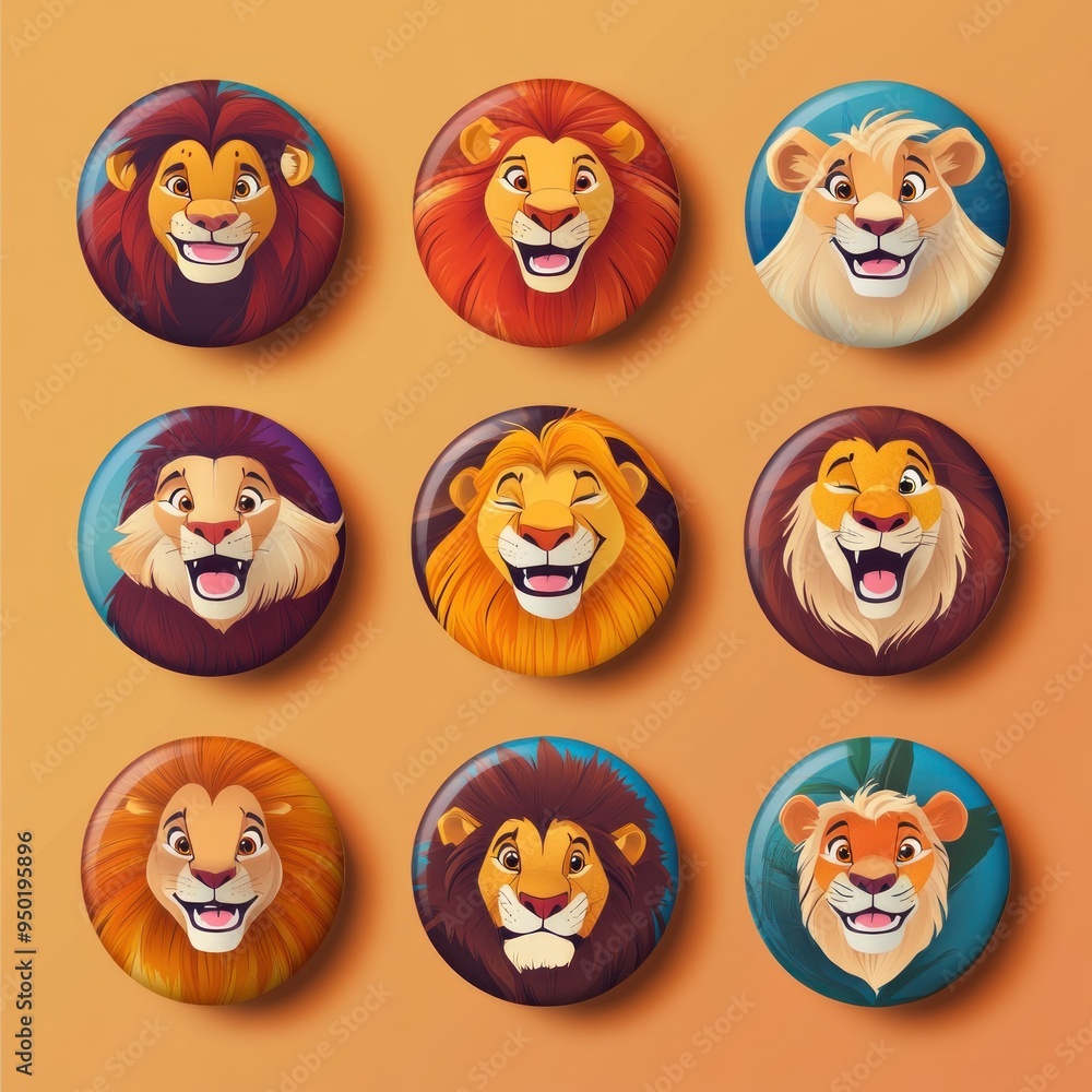 Sticker A collection of cartoon lion faces displayed in a grid format.