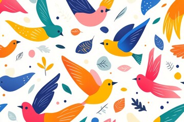 A colorful bird drawing with many birds flying in the sky. The birds are of different colors and sizes, and they are scattered all over the drawing. The drawing has a lively and cheerful mood