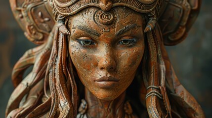 Obraz premium A detailed sculpture of a noble woman warrior stands proudly in an enchanting fantasy realm