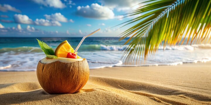 Refreshing cocktail or fruit juice in a coconut on the sandy beach under the sun , tropical, summer, beverage, drink