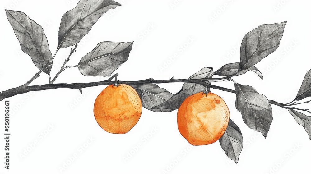 Poster a simple line drawing illustration of oranges hanging from a tree branch in a minimalist style