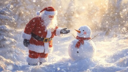 A snow-covered Santa Claus waves from his sleigh. this image evoke the timeless wonder and magic of Christmas Eve