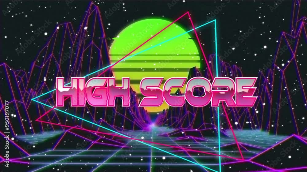 Poster high score text animation over neon grid and geometric shapes with starry background
