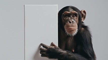 Chimpanzee holding a blank white board or canvas.