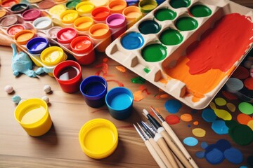 Colorful children&rsquo;s craft supplies with paint, brushes, crayons and containers on a wooden table.AI generated