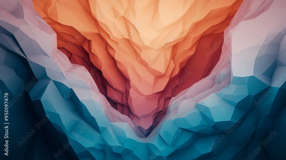 Poster abstract geometric landscape with vibrant hues, showcasing intricate patterns and dimensional depth 