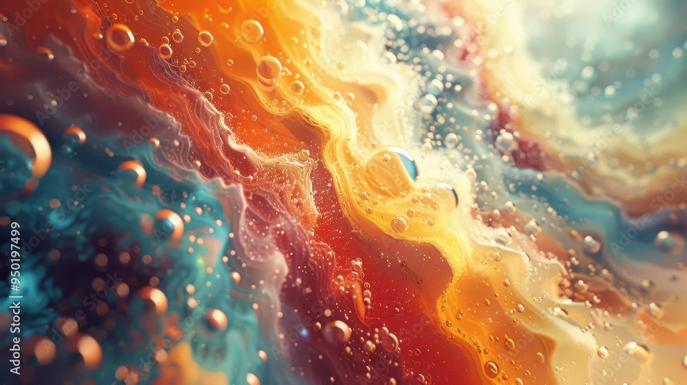 Poster exploring vibrant abstract patterns with swirling colors and bubbles in a dynamic composition