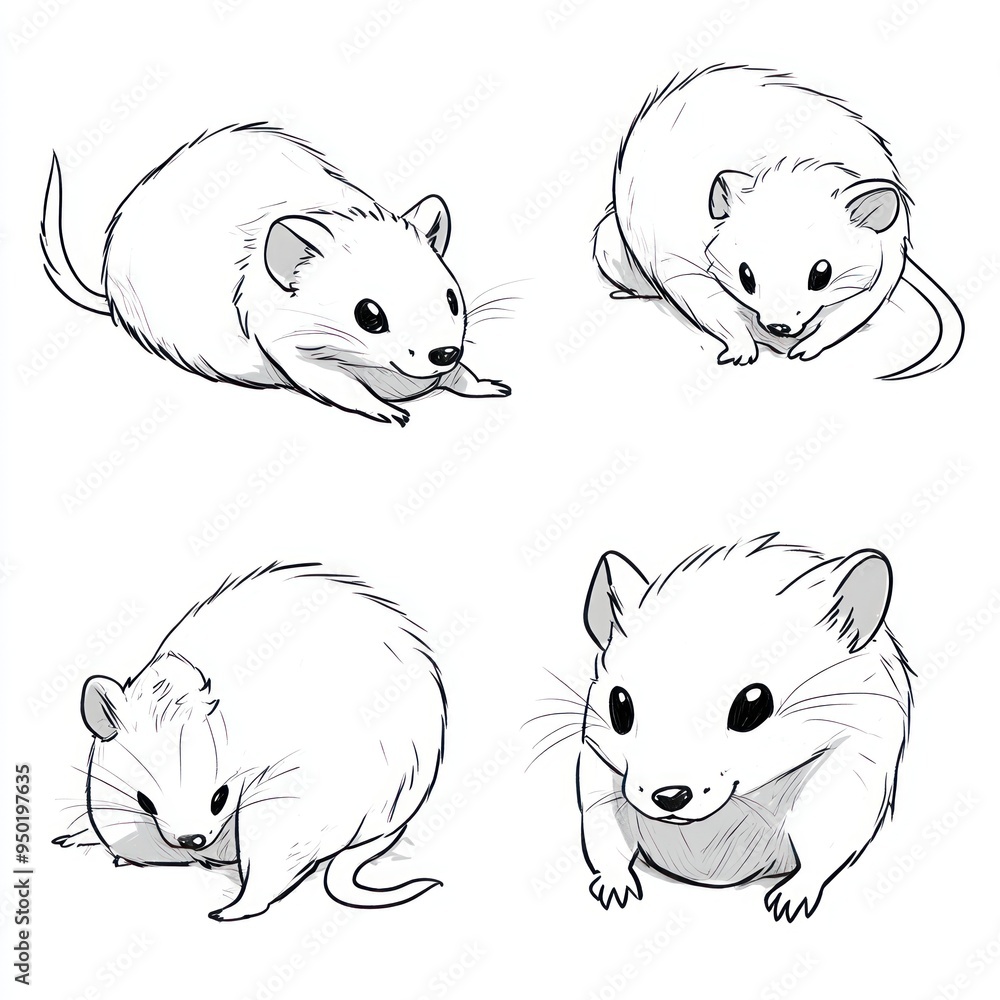 Poster Four illustrations of cute, cartoon-style mice in various poses.