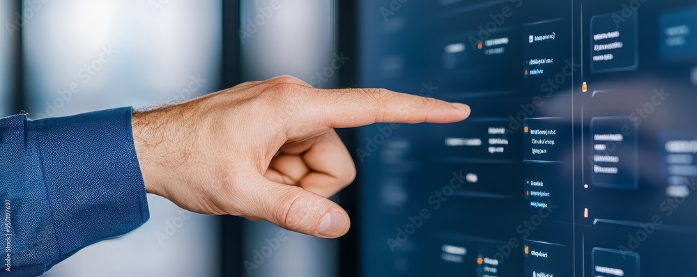 Poster close-up of a hand interacting with a digital interface, showcasing modern technology and user engag