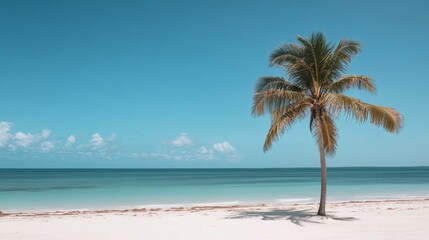 A calm sea stretches out beneath a coconut tree under a clear sky. this scene suggest about the balance between land and sea