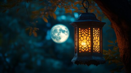 A Serene Lantern Casts Warm Light Under a Glowing Moon