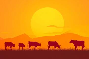A group of cows are grazing in a field with a large orange sun in the background. The cows are in various positions, with some closer to the foreground and others further back