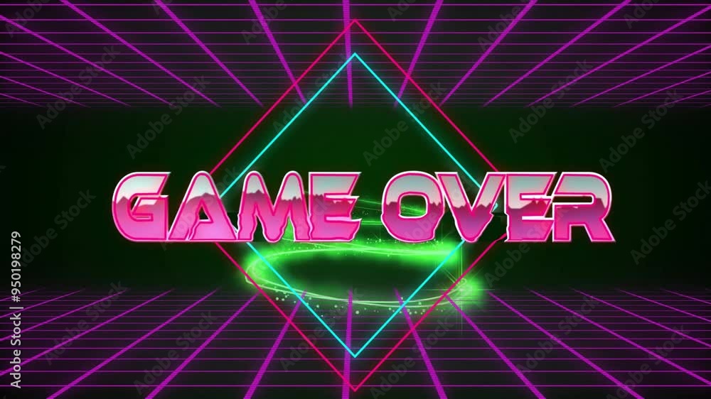 Poster game over text animation over neon grid and geometric shapes