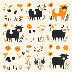 Obraz premium A playful illustration of cows surrounded by flowers in a colorful, whimsical style.