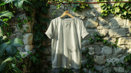 A shirt hanging on a clothesline in a lush green garden. The shirt is grey and has a white collar