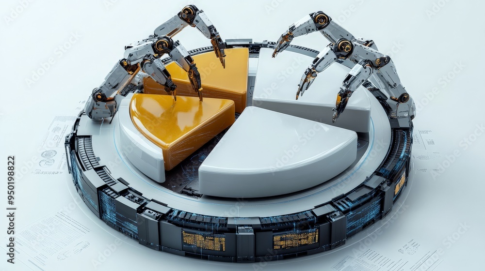Poster robotic automation of data analysis: a pair of robotic arms, symbolic of automation, meticulously di