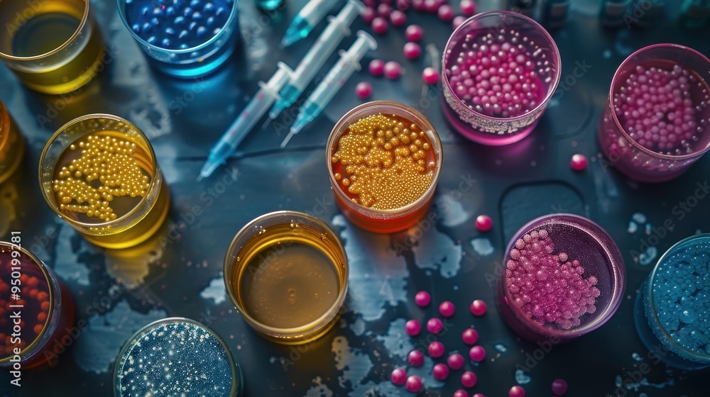 Poster top down view of diverse bacteria and virus samples in a research laboratory setting