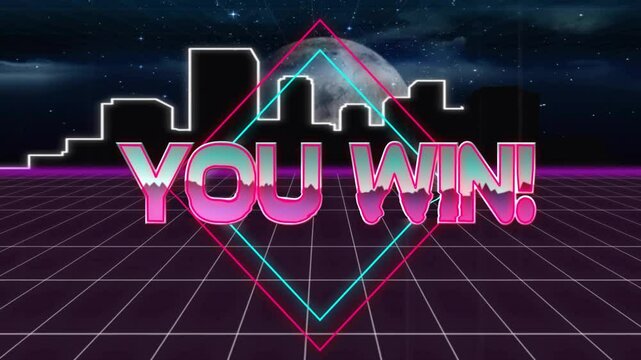 You win text animation over neon cityscape with grid pattern and moon - Powered by Adobe