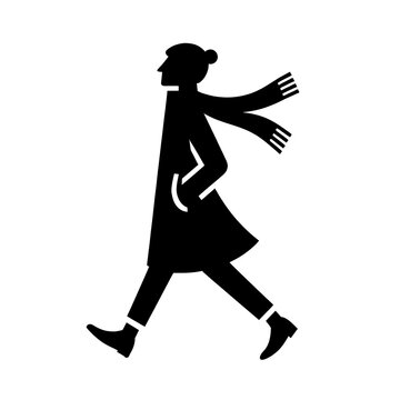 recommend clip art: Isolated black and white vector illustration of a happy young woman walking in winter on a white background.