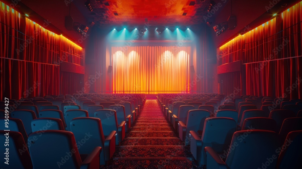Poster an empty theater setting with rows of seats and a spotlight illuminating the stage curtain