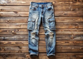 Aged cargo jeans sag on worn wooden planks, frayed hems whispering secrets to the sea breeze, timeless attitude etched into every faded seam and rip.