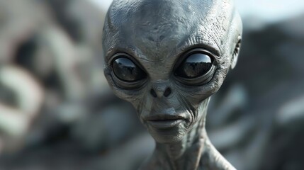 Obraz premium A close-up portrait of a grey alien being on an extraterrestrial landscape during daylight