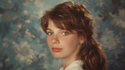 Vintage high school portrait of a young woman from the 1980s with a natural background