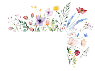 Frame made of watercolor wild flowers and leaves, wedding and greeting illustration