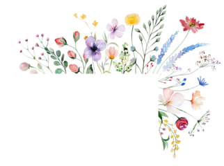 Frame made of watercolor wild flowers and leaves, wedding and greeting illustration