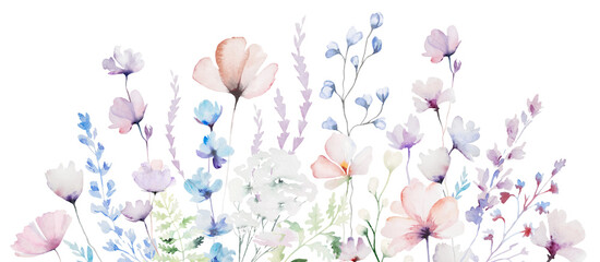 Border made with watercolor pastel wild flowers and leaves,  hand drawn wedding illustration