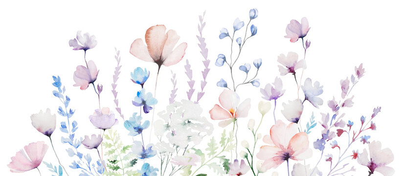 Border made with watercolor pastel wild flowers and leaves,  hand drawn wedding illustration