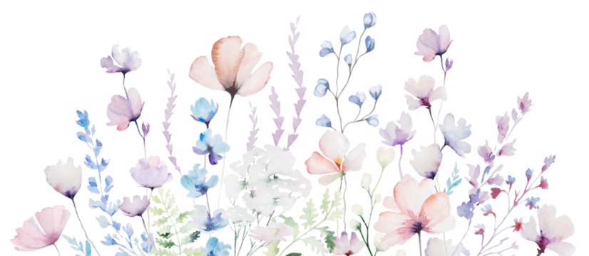 Border made with watercolor pastel wild flowers and leaves,  hand drawn wedding illustration