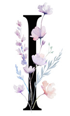 Black letter I with Watercolor pastel tender wild flowers and leaves, wedding isolated illustration