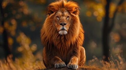 Fototapeta premium Majestic lion resting in the golden sunlight of the savanna at dusk