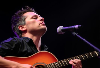 Obraz premium Musician's Passion A guitarist lost in the music closes his eyes