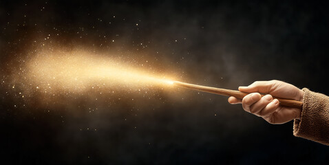 Fototapeta premium A hand holding a wooden wand, emitting glowing golden magic against a dark background