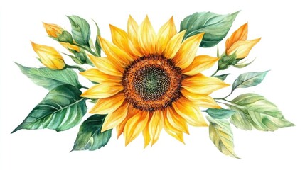 Fototapeta premium Sunflower illustration with watercolor foliage and flowers, set on a white background,
