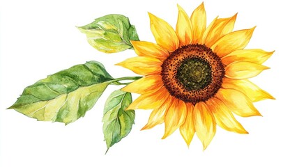 Sunflower illustration with watercolor foliage and flowers, set on a white background,