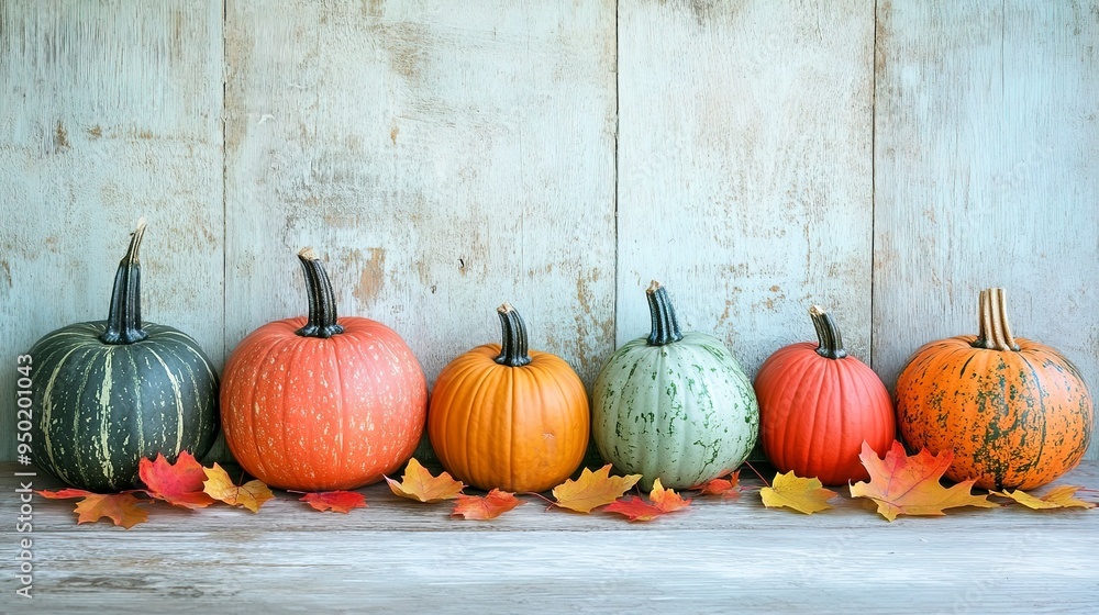 Wall mural A colorful display of pumpkins, pumpkins and leaves sitting in a row on wooden background. Space for text. 