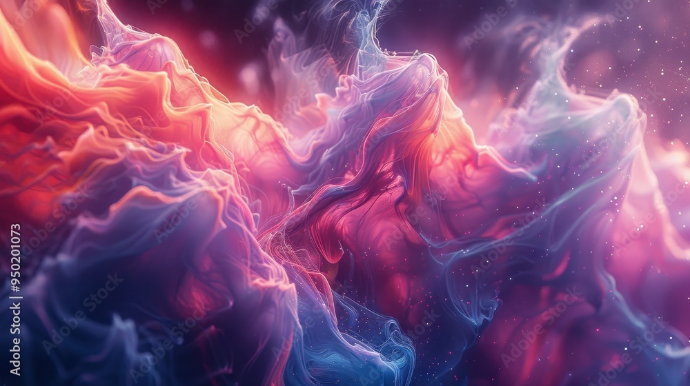 Poster vibrant abstract composition with flowing colors and dynamic forms in ethereal environment