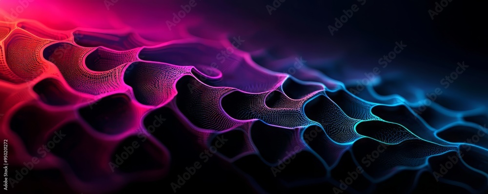 Poster dynamic abstract pattern showcasing vibrant waves of pink and blue in a dark background, perfect for