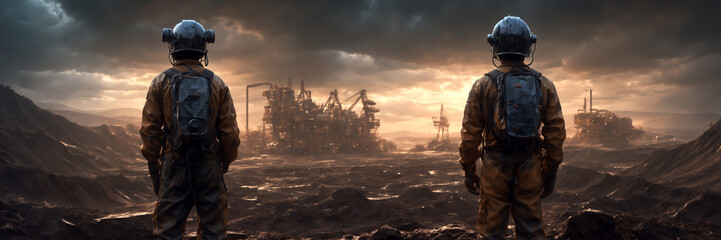 Obraz premium A miner standing on a slope looking at the devastated land where natural resources are extracted by the mining industry from a vast open-pit mine. Heavy machinery in the background