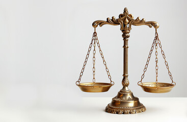 A gold scale with two chains hanging from it. The scale is balanced and he is a symbol of justice