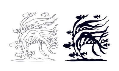 Line sketch, outline, silhouette of seaweed and a school of fish. Vector graphics.